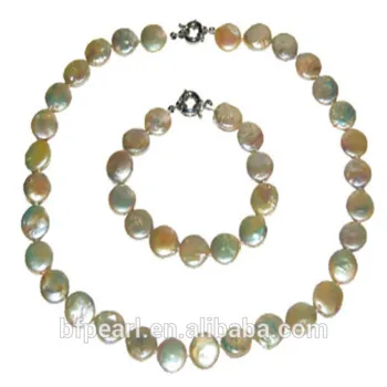 Champagne Freshwater Coin Pearls Necklace with Bracelet Jewelry Set