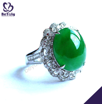 Flower design cz silver green agate stone ring