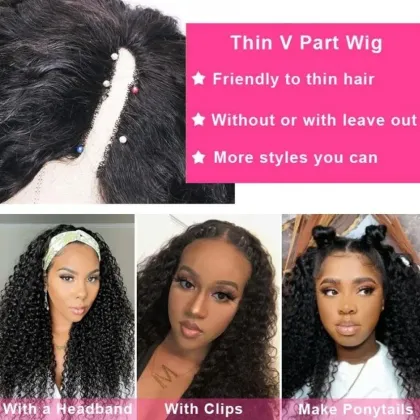 Glueless Kinky Curly U V Part Human Hair Wig - No Leave Out