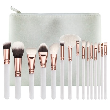 Vegan 15-Piece Rose Gold and Pink Make-Up Tools Set: Powder Foundation, Eye Brushes, and Jewelry Bag Included