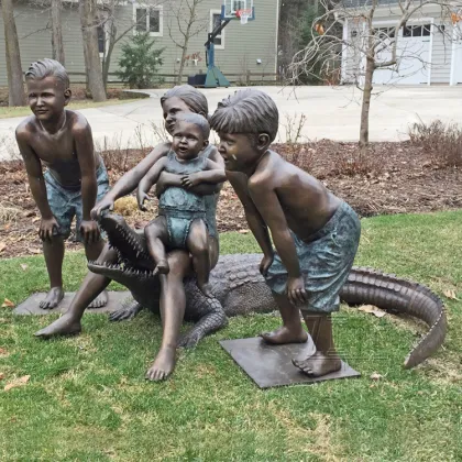 Outdoor lovely casting bronze boy and puppies statues children sculpture