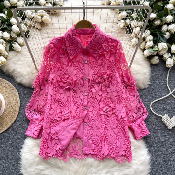 Ladies Summer French Style Lace Blouse with Studded 3D Flowers