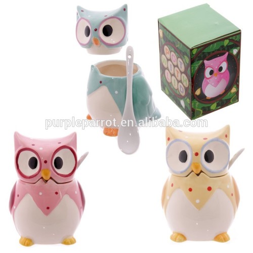 Ceramic Polka Dot Owl Pot with Lid & Spoon