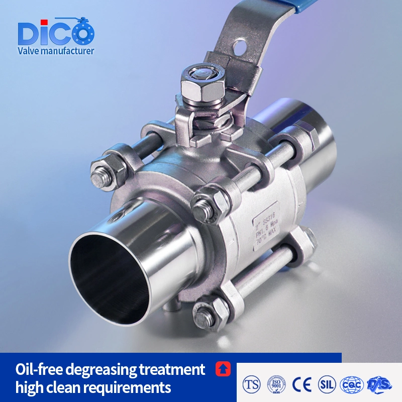 Water Treatment Food Grade Sanitary Type Stainless Steel Butt Weld End 3PC Ball Valve