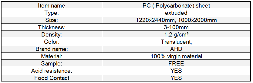 PC SHEET SPECIFICATION