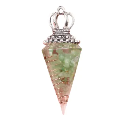 Green Aventurine Chip Stone Resin Antique Silver Crown Hexagonal Cone Pendant & Pendulum