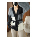 Korean version V-neck matching color lacing coat