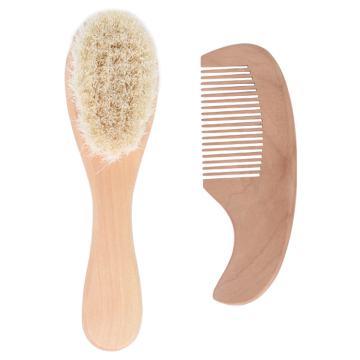 Natural Wooden Wood Care Kit with Baby Goat Bristle Curved Hair Brush and Comb Set