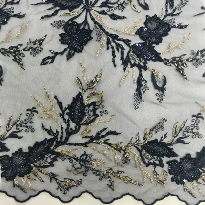 Navy Color Beads Glitter Sequin Embroidery Fabric