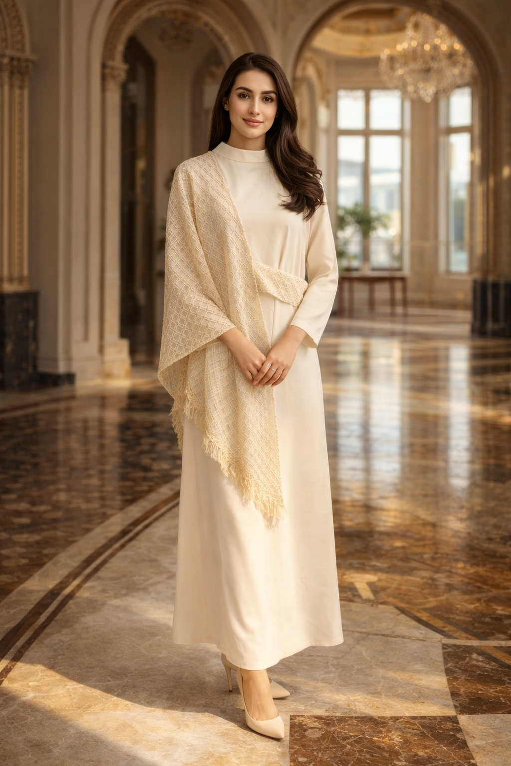 ivory fringed cape abaya diagonal cape styling view