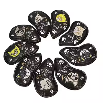 Wholesale 9pcs/set PU Leather Golf Iron Head Covers featuring Fine Embroidery Cartoon Lazy Cat Pattern