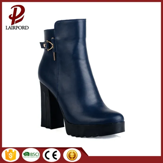 high thick heel navy blue ankle boots
