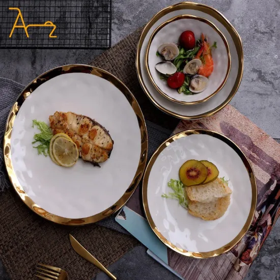 Bulk Wholesale Hot Selling Ceramic Plates with Gold Rim for Wedding and Events
