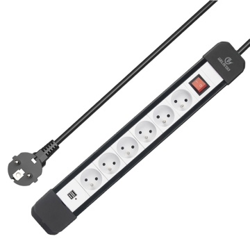 French Style Power Strip with 5 Outlets, Switch, and 2 USB Ports (Black and White)