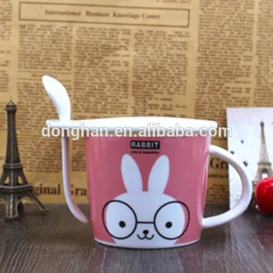 cute ceramic mugs with cartoon pattern and spoon for children