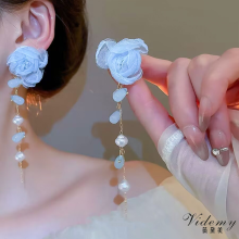 Pendientes de borlas de flores Jiansha Pendientes largos de perlas de tela
