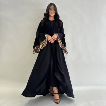 Leopard Ruffle Sleeve Furan Kimono Abaya