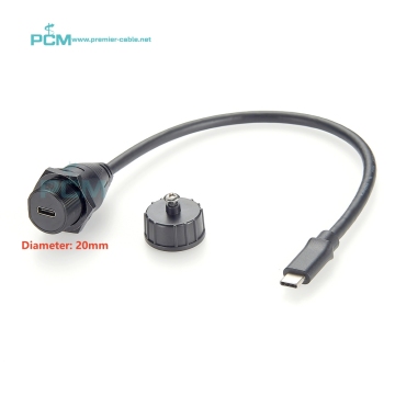 High-Speed M20 10Gbps Waterproof USB3.1 Type C Socket Cable for Industrial Use - Outdoor IP67 Panel Mount Extension (30cm)