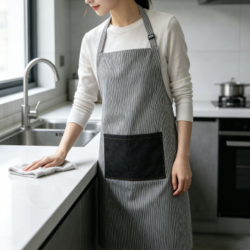 Minimal Stripe Denim‑Pocket Adjustable Kitchen Apron