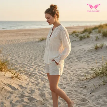 White Embroidered Linen V-Neck Blouse