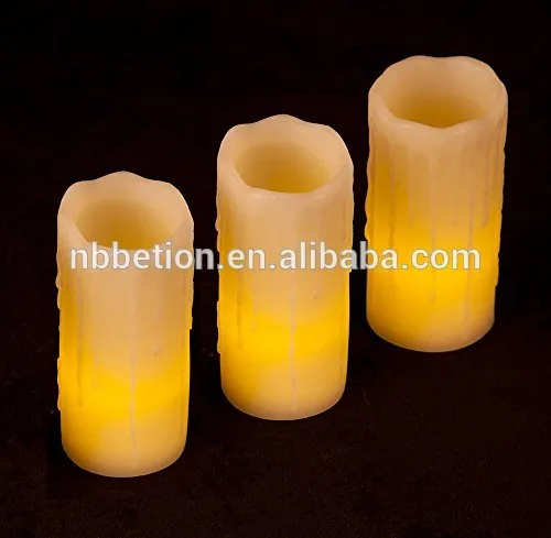 Flameless Wax Candles with Drip Effect, Ivory, 4" x 2", Set of 3
