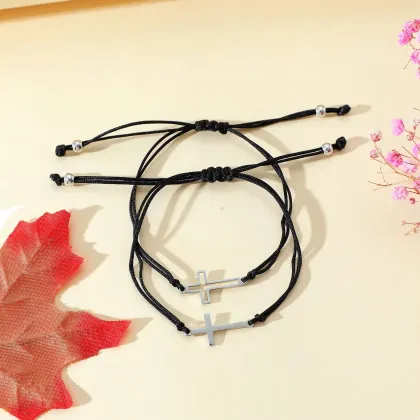 Fashion Love and Family Adjustable Hollow Christian Bible Cross Leather Bracelet - Handmade Couple Promise Bracelet