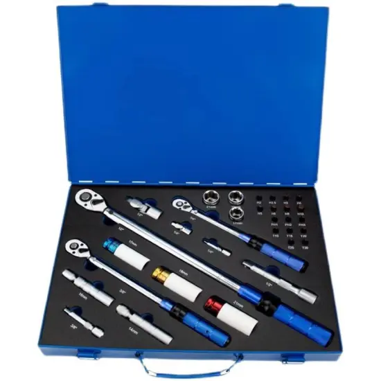 Bicycle Repair Tool Kit: 32pc 1/4, 3/8, 1/2 Drive Torque Wrench Set with Socket Bits (5 N.m - 220 N.m)