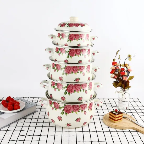 18-26cm Full Printing Stocks Cookware Rose Cooking Set Soup Container Camping Pot Enamel Casserole Set