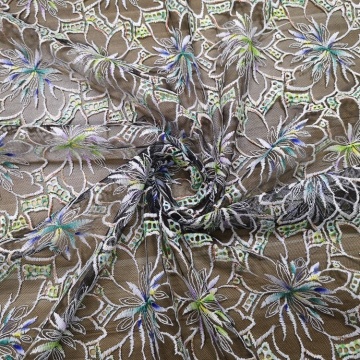 Tecidos de rendas de tule bordado multicolor em poliéster