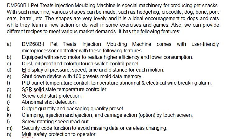 Introduction For Dm 268 Pet Treats Molding Machine
