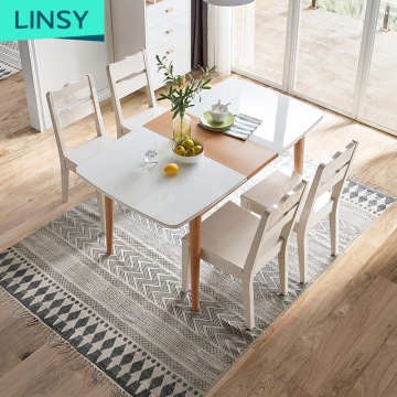 Linsy 4-6 Chairs Dining Room Furniture: Wooden Adjustable Dining Table with Luxury Marble Top