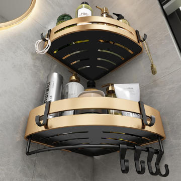 Aluminum Adhesive Wall Corner Bathroom Shelf with Hooks, Gold