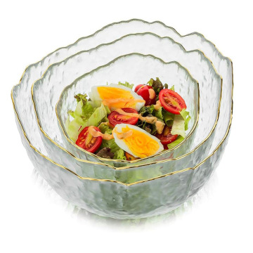 Hot Selling 3-Piece Promotional Crystal Transparent Glass Bowl Set with Gold Rim