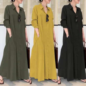 Elegant Muslim Turkish Pleated Long Sleeve Maxi Sundress for Office Wear