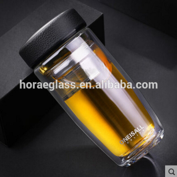 2017 Borosilicate double wall glass bottles glass tea fruit filter infuser voss fruit infuser water bottle