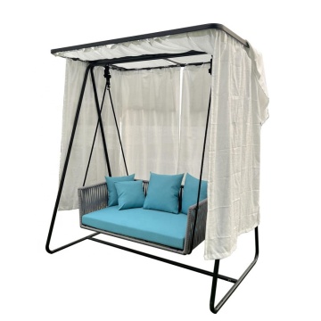 Double Seat Hanging Egg Swing Chair with Rattan Wicker and Metal Stand - Outdoor Furniture