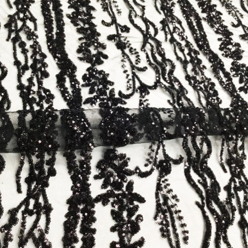 Tissu de broderie de dentelle noire de paillettes