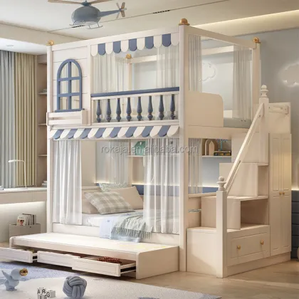 New Design Modern Children's Room Bunk Beds with Bookshelf and Slide Bed