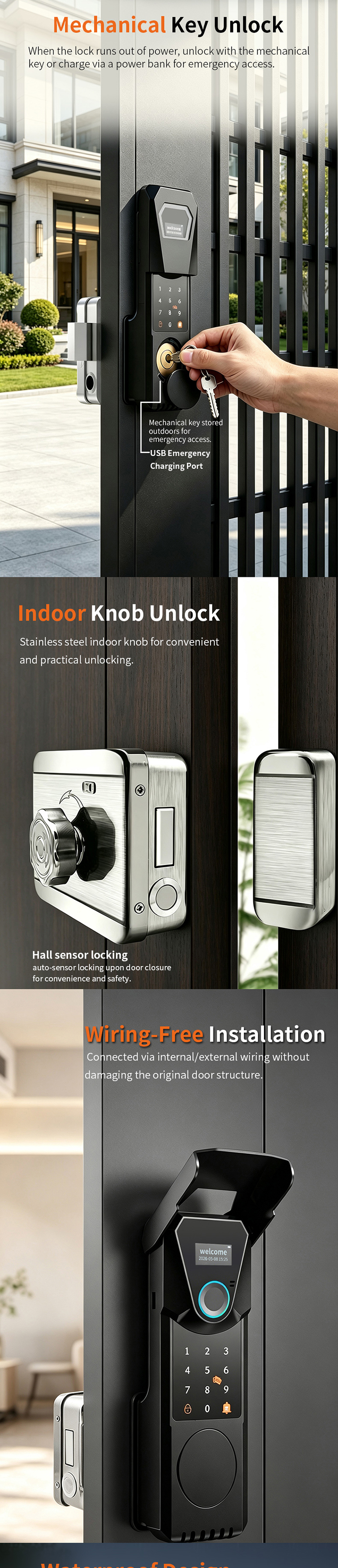 multi unlock mode fingerprint smart rim lock