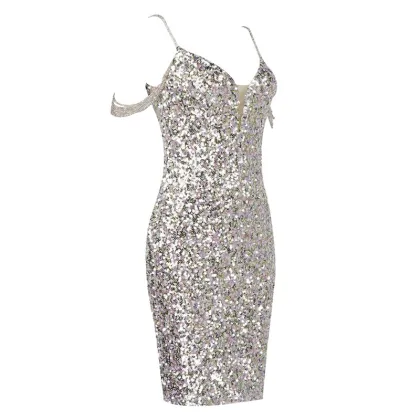 Sleeveless V Neck Sequined Dress For Celebrities