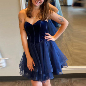 Navy Blue Tulle Sweetheart Layered Ruffle Prom and Homecoming Dresses