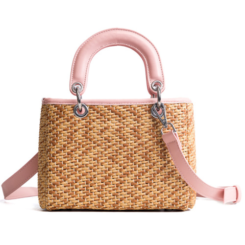 Sac à bandoulière pour femme tissé à la mode, sac à main, sacs de paille de plage avec poignée en cuir