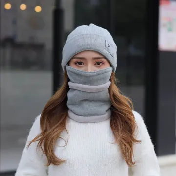 Solid Color Winter Warm Thick Knitted Beanie Hat and Scarf Set for Women