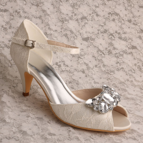 Mary Jane Lace e Crystal Wedding Shoe Avorio Lace