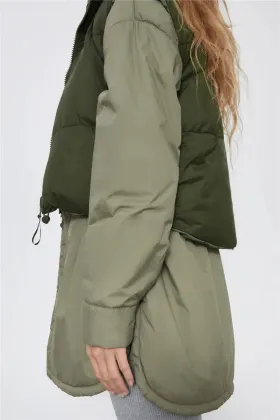 Autumn New Ladies Stand Collar Green Vest Jacket