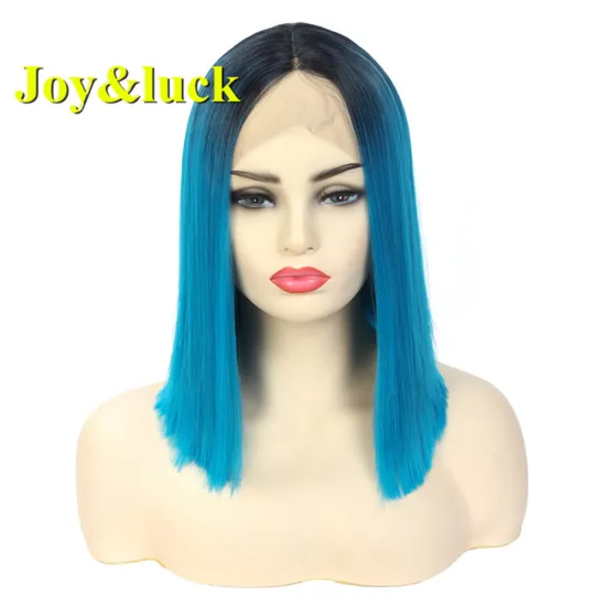 Wholesale Wigs for Women Mid-length Natural Short Bob Cut Wig Black Ombre Blue Ladies Lace Front Wig Synthetic Straight Hair