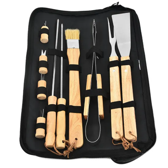 Stainless Steel BBQ Tool Set with Wooden Handles and Carry Bag: Comprehensive Grilling Equipment for Outdoor Cooking