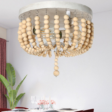 LOHAS Wooden Boho Beads 3-Light Round Ceiling Lamp for Living Room, Bedroom, and Hallway