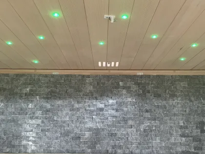 Outdoor Wet Steam Sauna Room with Harvia Stove and Cultured Stone