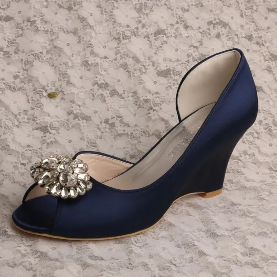 Navy 3" Heel Wedding Shoe Wedge Heel with Brooch